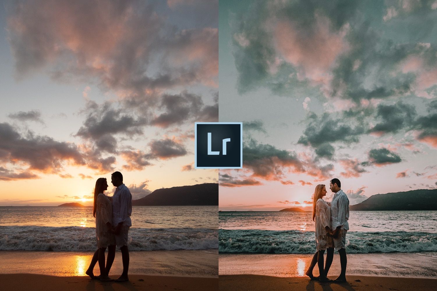 Antes e depois comparando duas fotos. Em ambas as imagens, os noivos estão de mãos dadas e se olhando à beira mar.