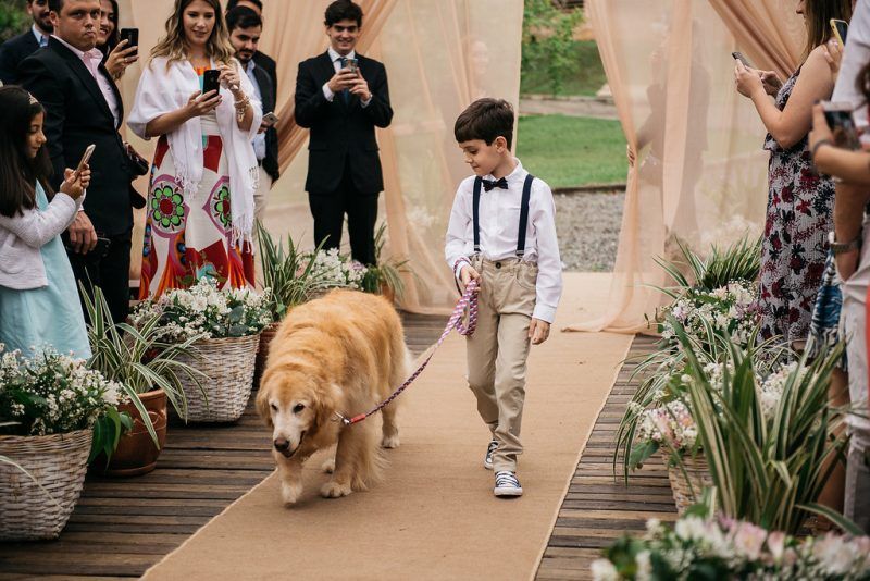 Foto de pajem conduzindo um cachorro, pela coleira, rumo aos noivos.