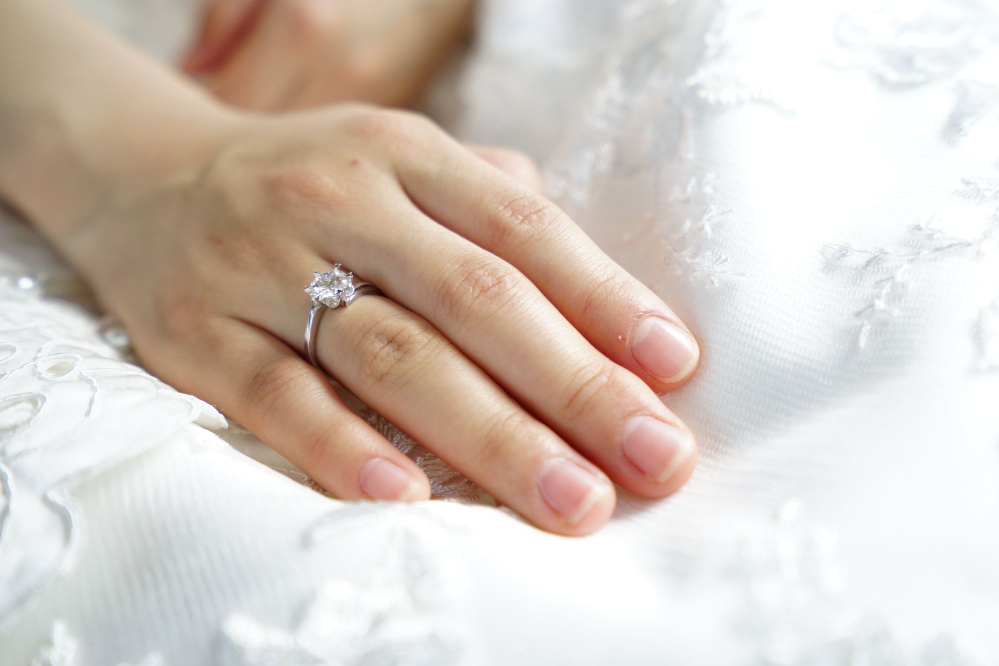 Foto de mão de noiva sob vestido de casamento. A mulher usa uma aliança no dedo.