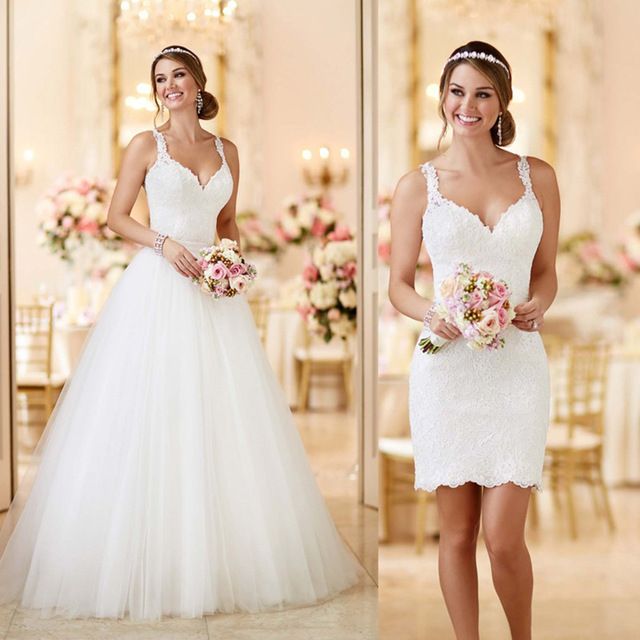 Foto colorida de noiva com vestido 2 em 1. Na primeira foto ela está com vestido longo. Na segunda, curto.