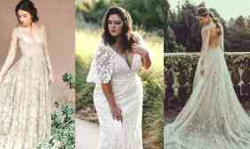 Três mulheres usando vestido de casamento bordado com flores, todas olhando para o lado esquerdo. Inspire-se nestas imagens de vestido parecidos com os do casamento real britânico.