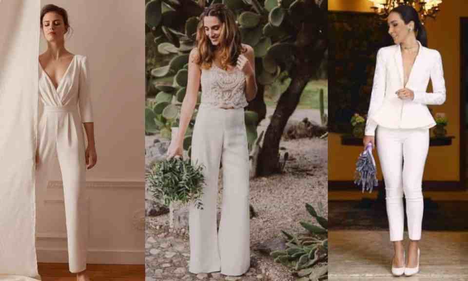 Ideias de roupas para casar no civil: para as noivas - Noiva-civil-casamento-calca-blusa Três mulheres. A da esquerda está de cabelo preso de coque, com blusa de manga cruzada na frente, calça. A do meio está de blusa rendada e calça e cabelo solto. A da direita está de terno e calça e cabelo preso de rabo de cavalo. A do centro e da direita estão de buquê.
