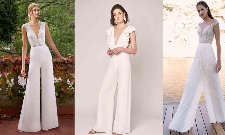 Ideias de roupas para casar no civil: para as noivas - Noiva-civil-macacao-jumpsuit Três mulheres vestindo macacão branco, com decote. A da esquerda é loira e está de cabelo preso. A do meio e da direita tem cabelo castanho e solto.