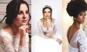 Imagem de três mulheres com vestidos de casamento com as mangas bordadas. Inspire-se nestes vestidos para imitar os do casamento real britânico.