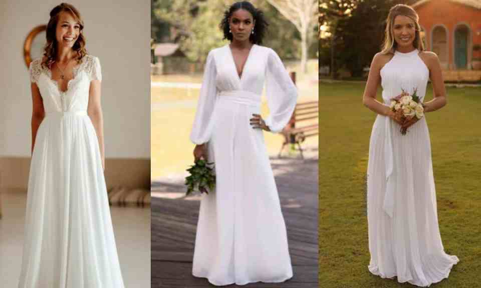 Ideias de roupas para casar no civil: para as noivas - Vestido-de-noiva-civil-longo Três mulheres, todas de cabelo solto, mas preso a parte de cima, e de vestidos longos brancos. A da esquerda é a única que está sem buquê.