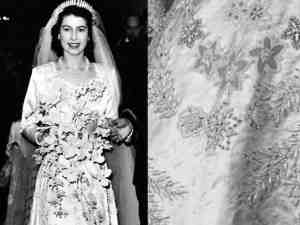 Foto dividida em duas partes, ambas em preto e branco. Na esquerda a rainha elizabeth ii com seu vestido de casamento longo. Da direita, uma foto ampliada do vestido, em que pode se observar os bordados de flores e plantas, o tecido é seda. Inspire-se neste vestido de casamento real britânico.