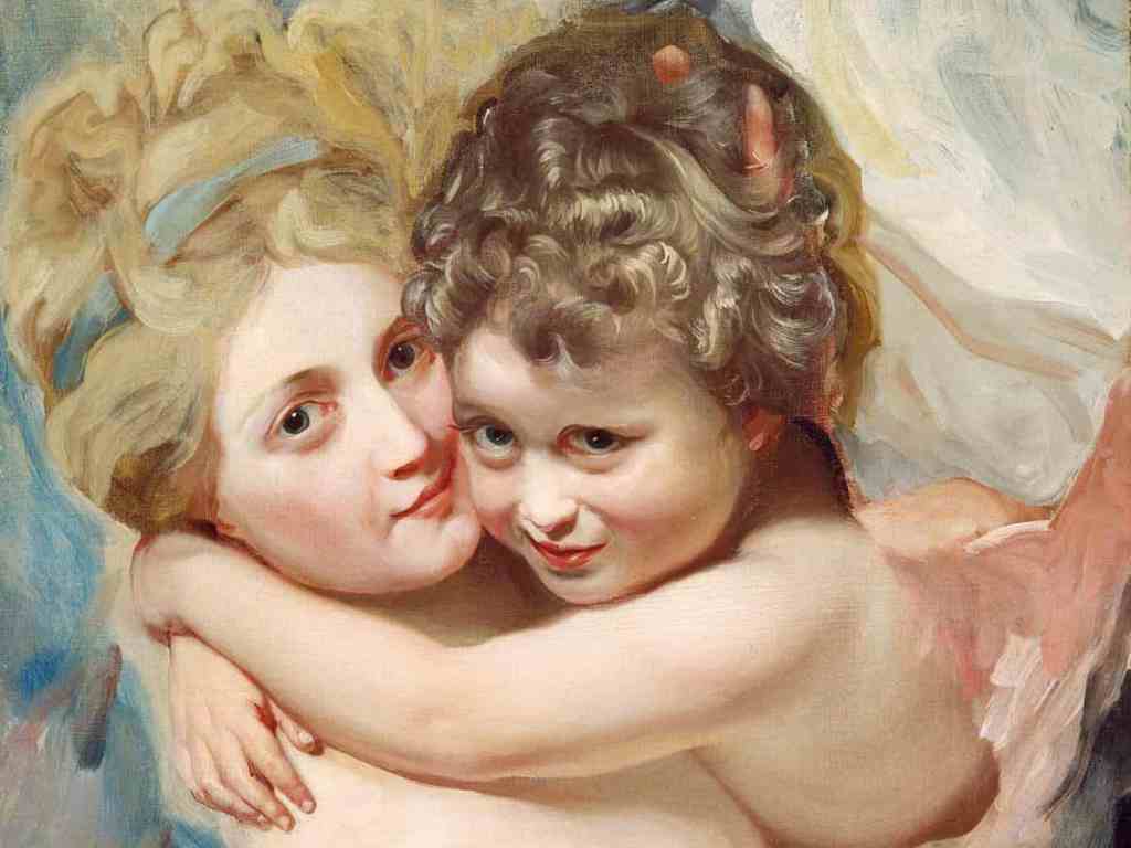 Pintura de vênus e cupido abraçados.