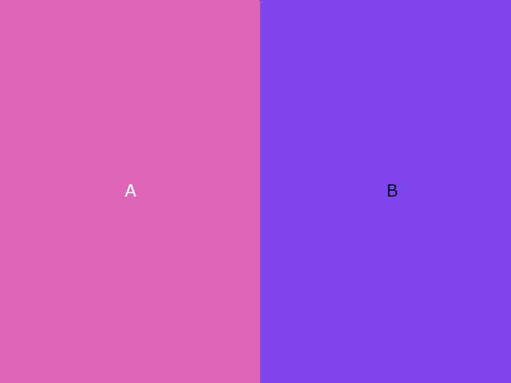Imagem dividida, na esquerda está rosa, com a letra "a" em branco, na direita está roxo com a letra "b" em preto.