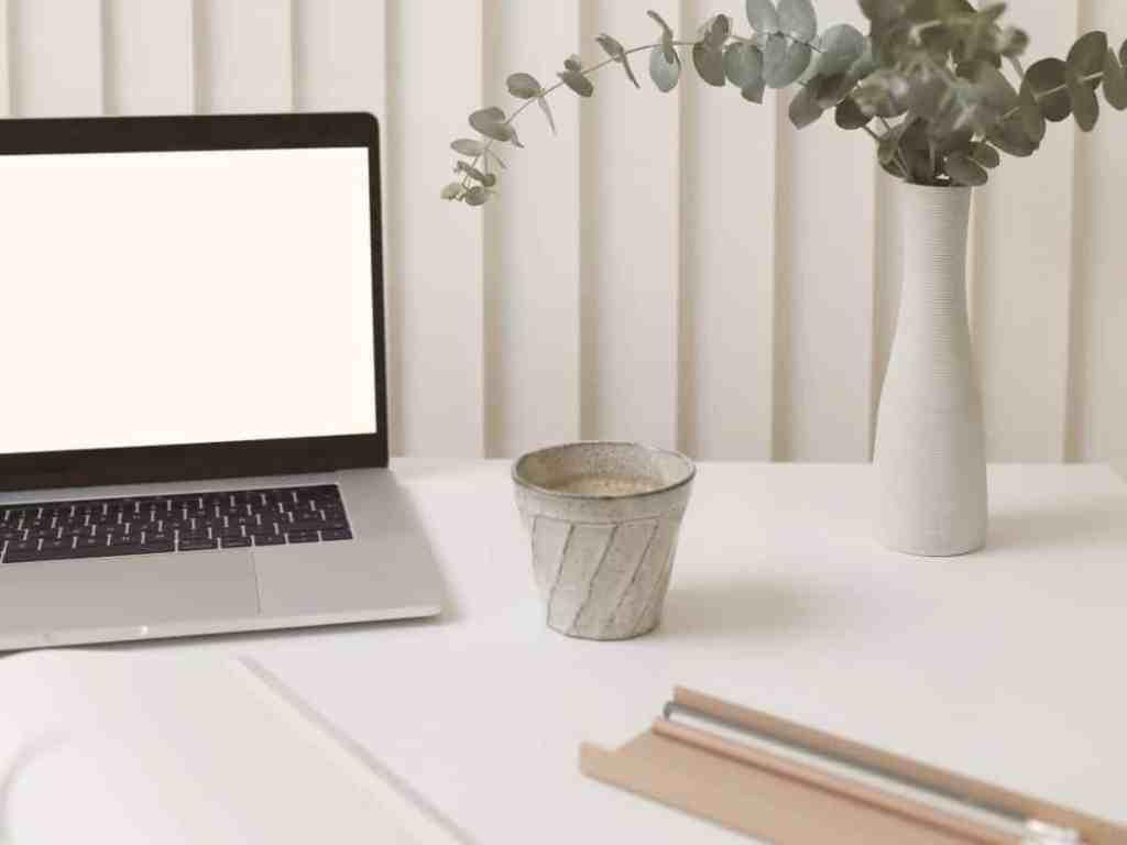 Notebook, caneca, vaso de planta em cima de uma mesa branca.