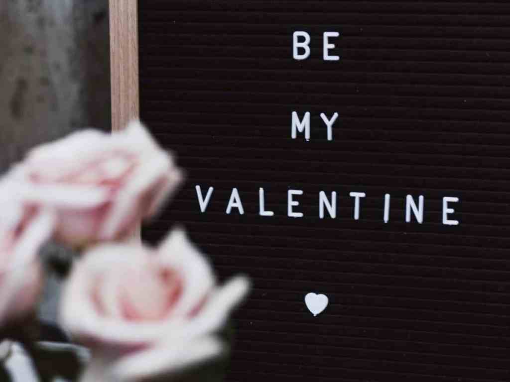 Quadro escrito "be my valentine" (seja meu/minha namorado/a) com flores na frente.