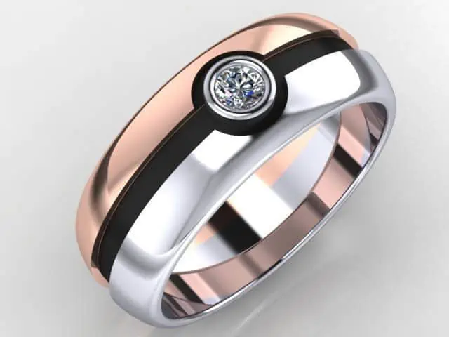 Inspiração: alianças de casamento nerds e geeks para você se apaixonar - Alianca-nerd-pokemon Aliança metade rosé, metade prata com brilhante no centro imitando uma pokebola do anime pokemon.