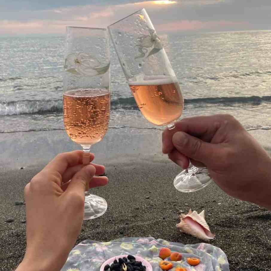 Piquenique na praia, brindando champanhe
