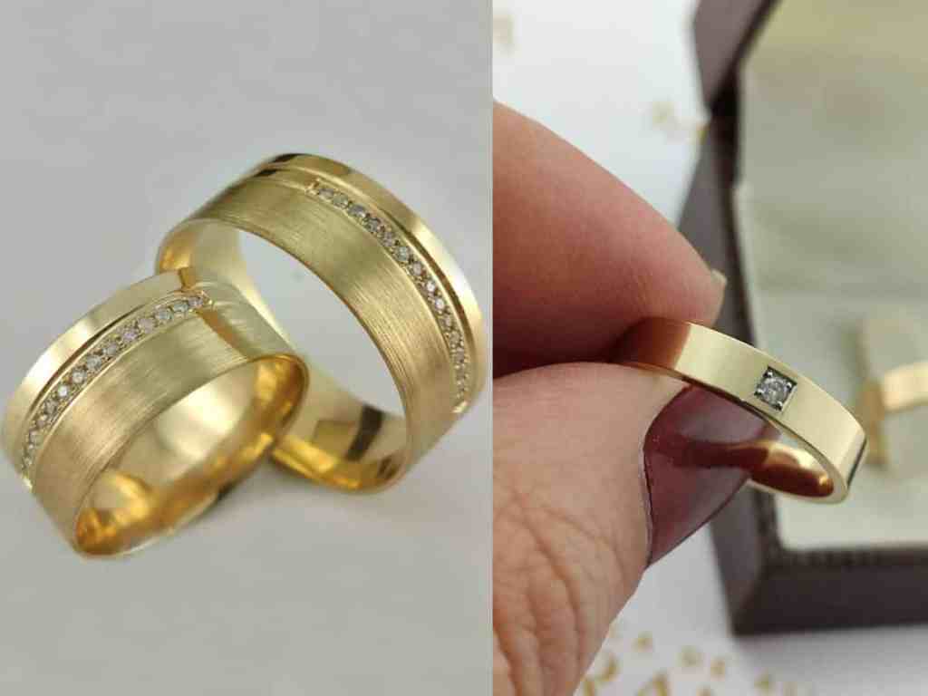 Guia Definitivo das Pedras: Tipos de Cravação e Lapidação - Alianca-cravacao-granito-princess Duas imagens de par de aliança de ouro