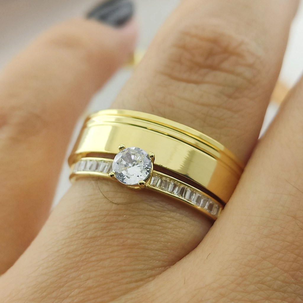 Alianças de casamento ilyana 5mm – ouro 18k com anel solitário da altar alianças