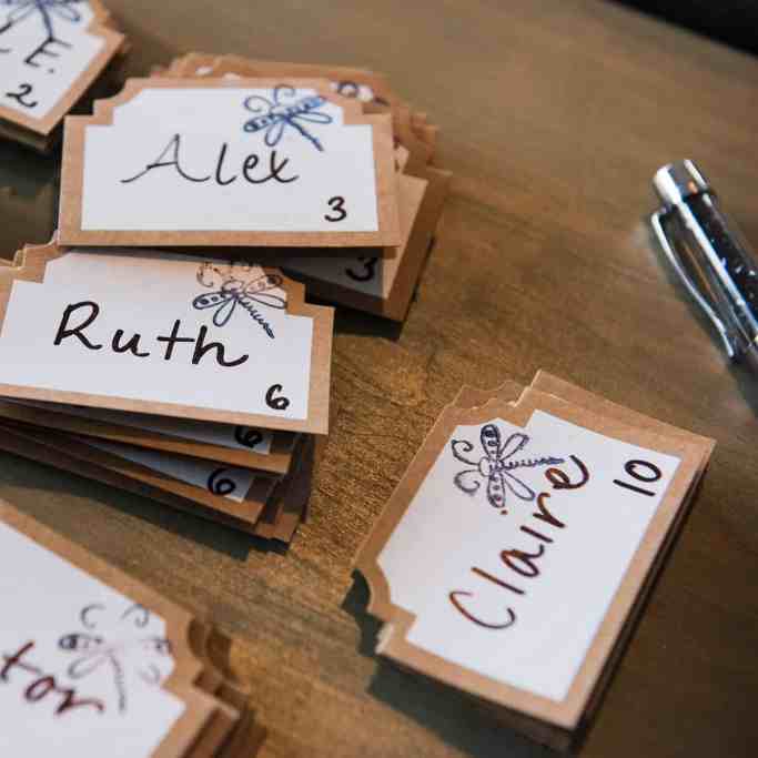 Papéis com nome dos convidados escritos para colocar nas mesas