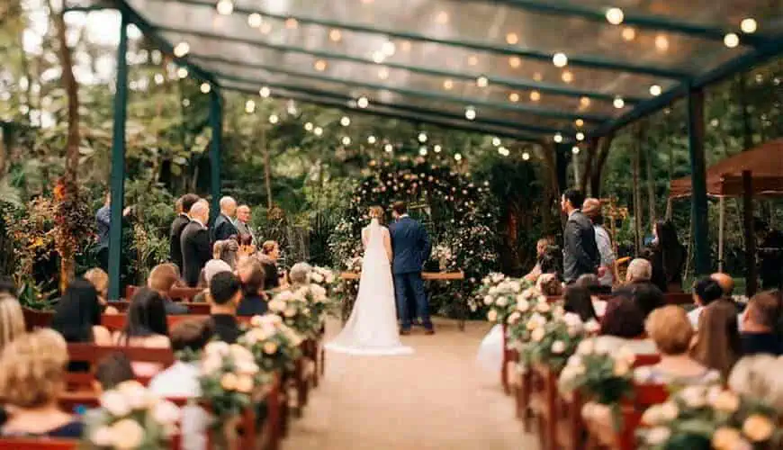 Micro, mini e elopement wedding: Entenda sobre as novas tendências dos casamentos - Wedding-1 Noivos no altar ao ar livre e os convidados sentados no banco