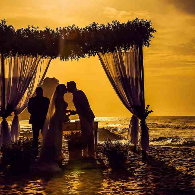 Casamento sendo realizado na praia.