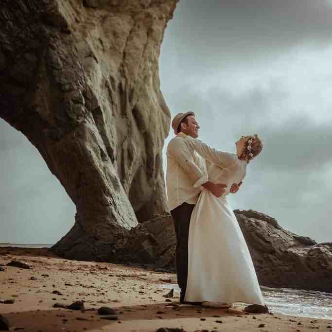 Casal de noivos na praia abraçados tirando fotos