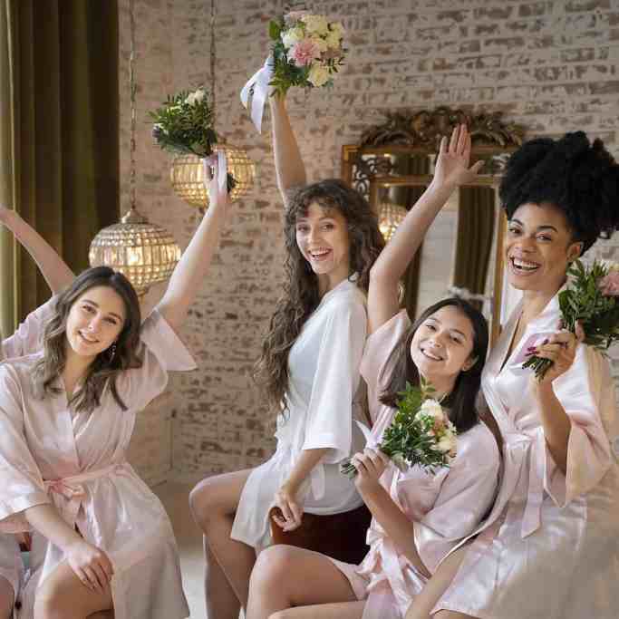 Penteados para Madrinhas de Casamento - Madrinhas de casamento 3 Madrinhas de casamento com a noiva de roupão e segurando buquês