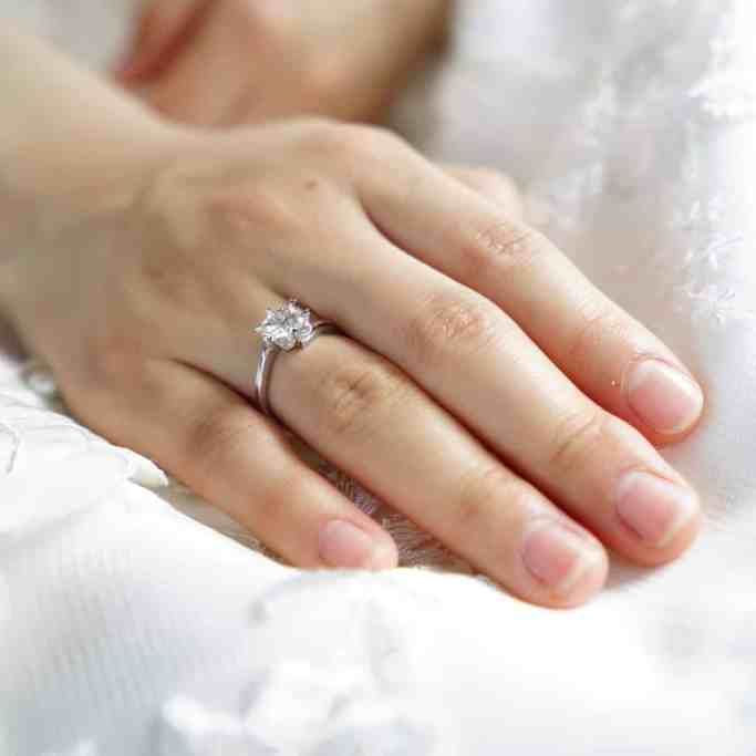 Mão feminina usando anel de noivado prata