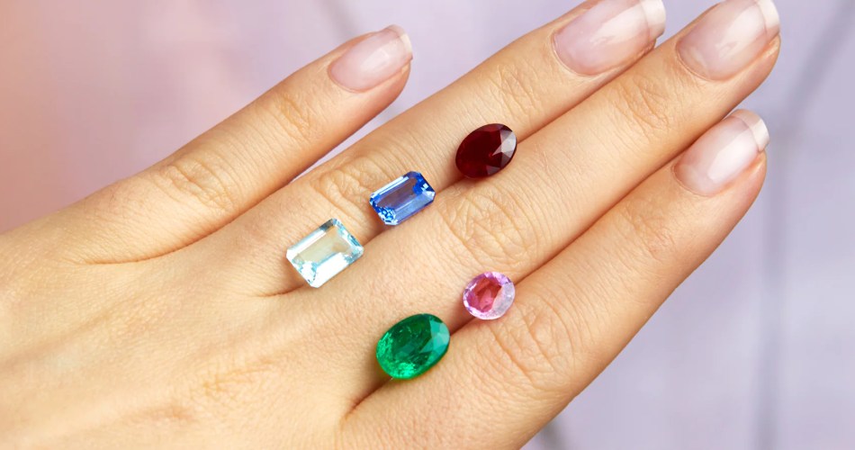 Mão feminina com algumas pedras preciosas em cima