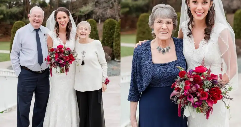 Na primeira imagem, a noiva está com seus avós e na segunda com outra avó. Ambas as imagens foram tiradas no mesmo lugar que indica que é um casamento ao ar livre.