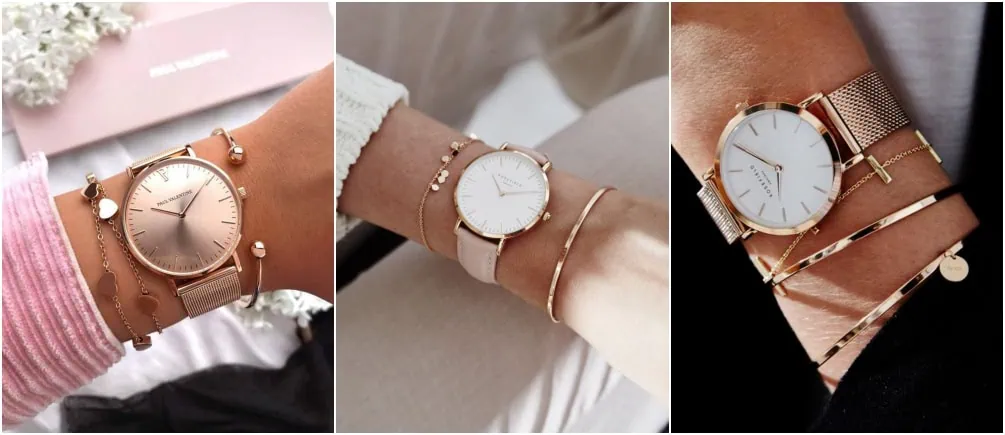 Três imagens de mulheres combinando relógio ouro rosé com outras joias