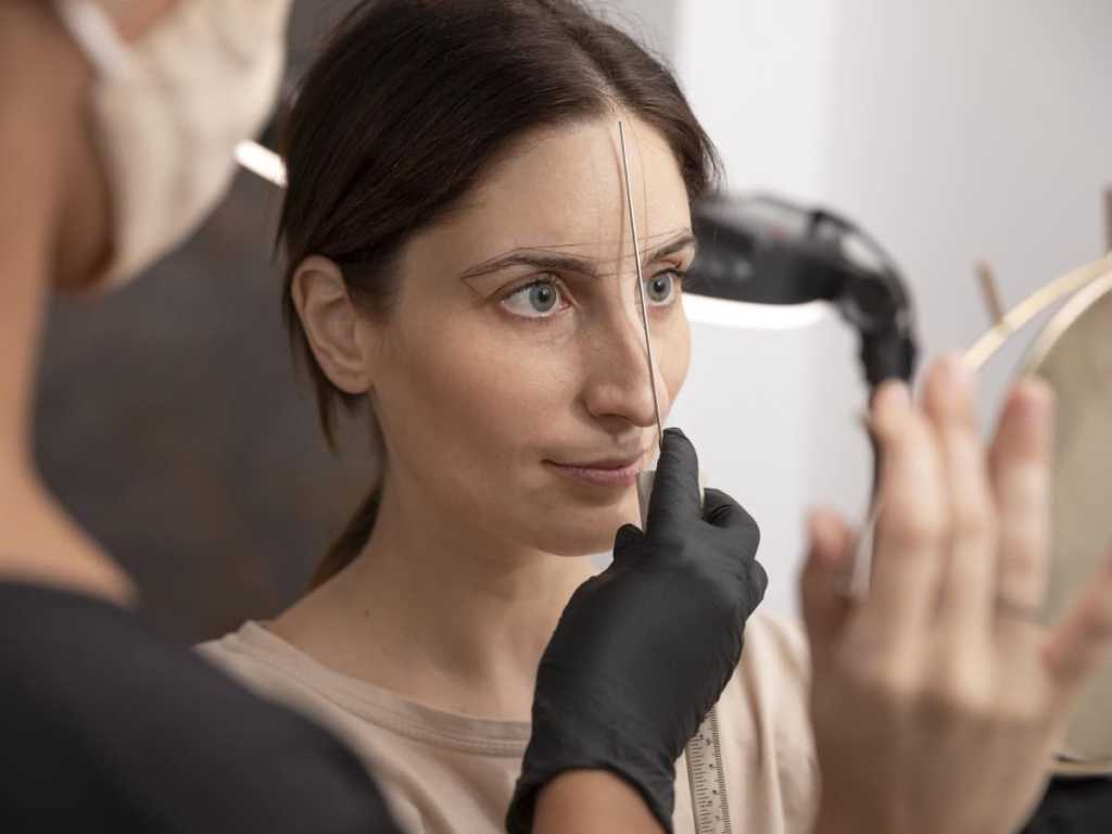 Esteticista medindo tamanho da sobrancelha de cliente - visagismo e joias: como realçar seu rosto com acessórios?